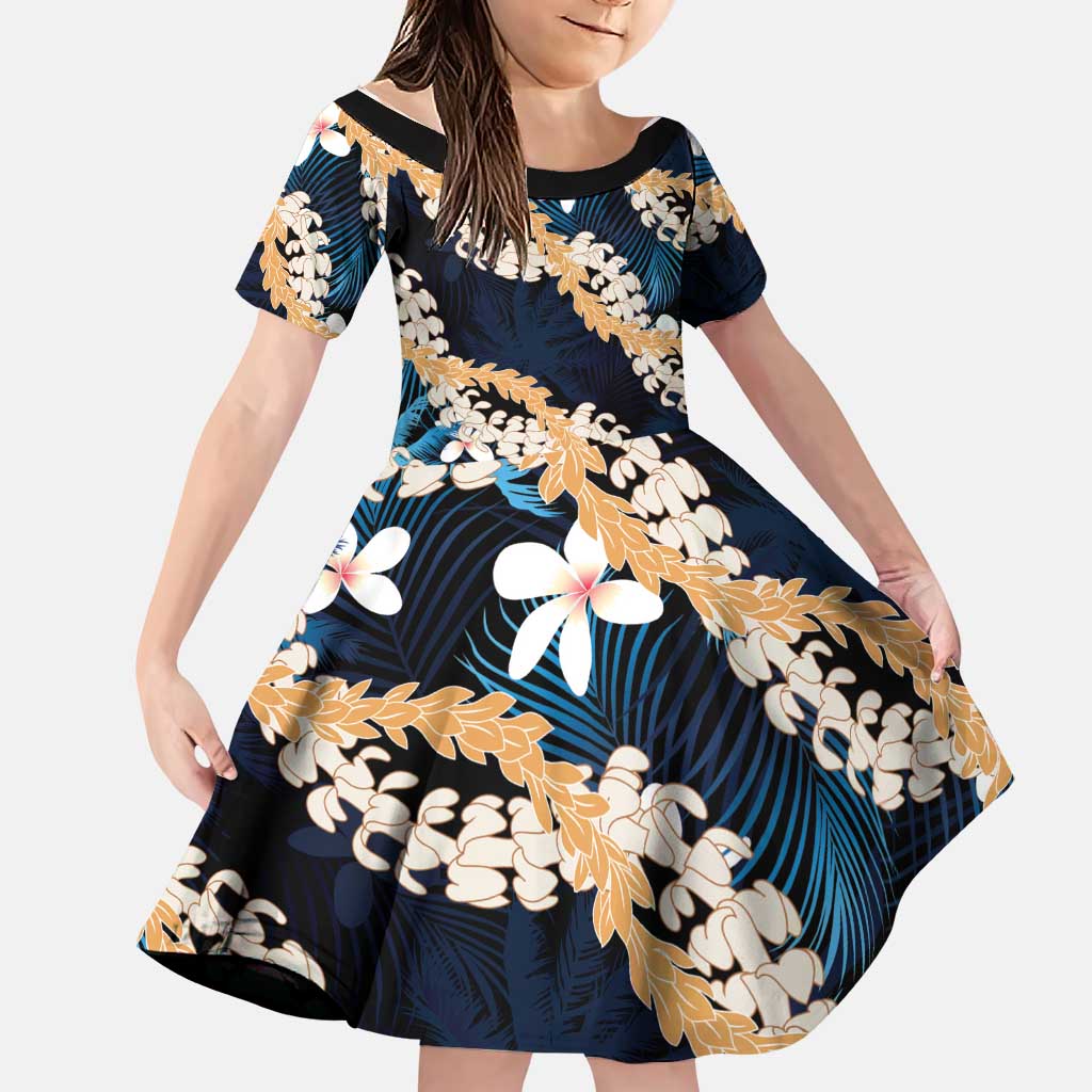 Puakenikeni Maile Lei Family Matching Mermaid Dress and Hawaiian Shirt Frangipani Blue Tropical Leaves LT01 Daughter's Dress Blue - Polynesian Pride