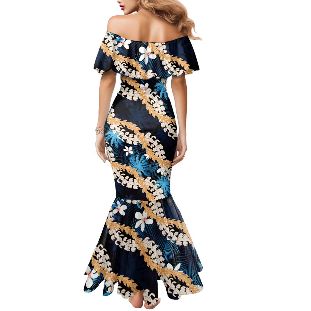 Puakenikeni Maile Lei Family Matching Mermaid Dress and Hawaiian Shirt Frangipani Blue Tropical Leaves LT01 - Polynesian Pride
