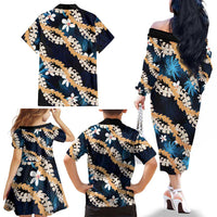 Puakenikeni Maile Lei Family Matching Off The Shoulder Long Sleeve Dress and Hawaiian Shirt Frangipani Blue Tropical Leaves LT01 - Polynesian Pride