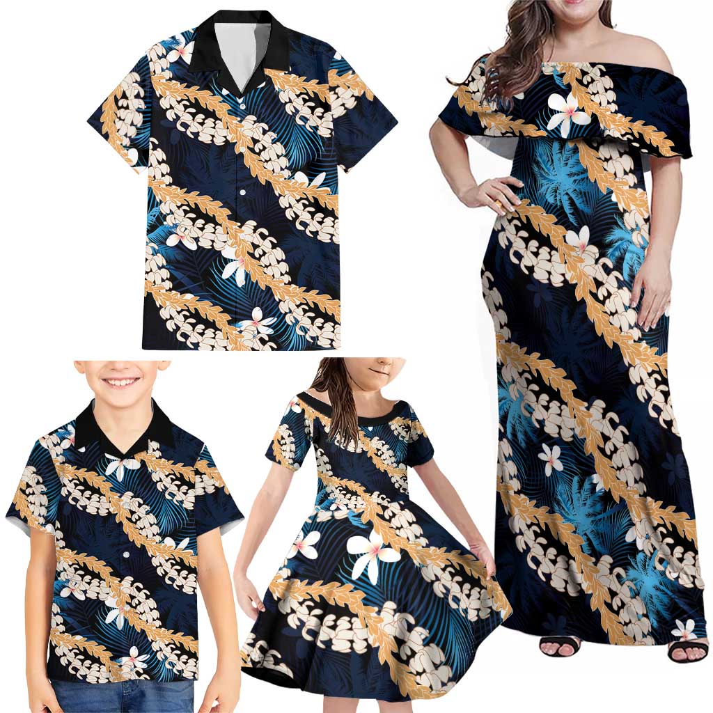 Puakenikeni Maile Lei Family Matching Off Shoulder Maxi Dress and Hawaiian Shirt Frangipani Blue Tropical Leaves