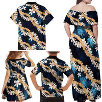 Puakenikeni Maile Lei Family Matching Off Shoulder Maxi Dress and Hawaiian Shirt Frangipani Blue Tropical Leaves LT01 - Polynesian Pride