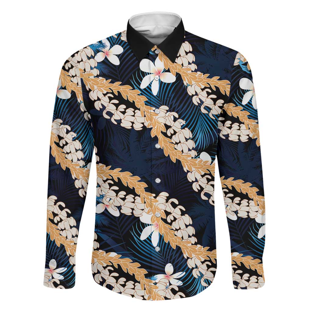 Puakenikeni Maile Lei Family Matching Off Shoulder Maxi Dress and Hawaiian Shirt Frangipani Blue Tropical Leaves LT01 Dad's Shirt - Long Sleeve Blue - Polynesian Pride