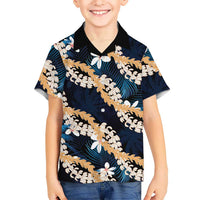 Puakenikeni Maile Lei Family Matching Off Shoulder Maxi Dress and Hawaiian Shirt Frangipani Blue Tropical Leaves LT01 Son's Shirt Blue - Polynesian Pride