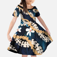 Puakenikeni Maile Lei Family Matching Off Shoulder Short Dress and Hawaiian Shirt Frangipani Blue Tropical Leaves LT01 Daughter's Dress Blue - Polynesian Pride