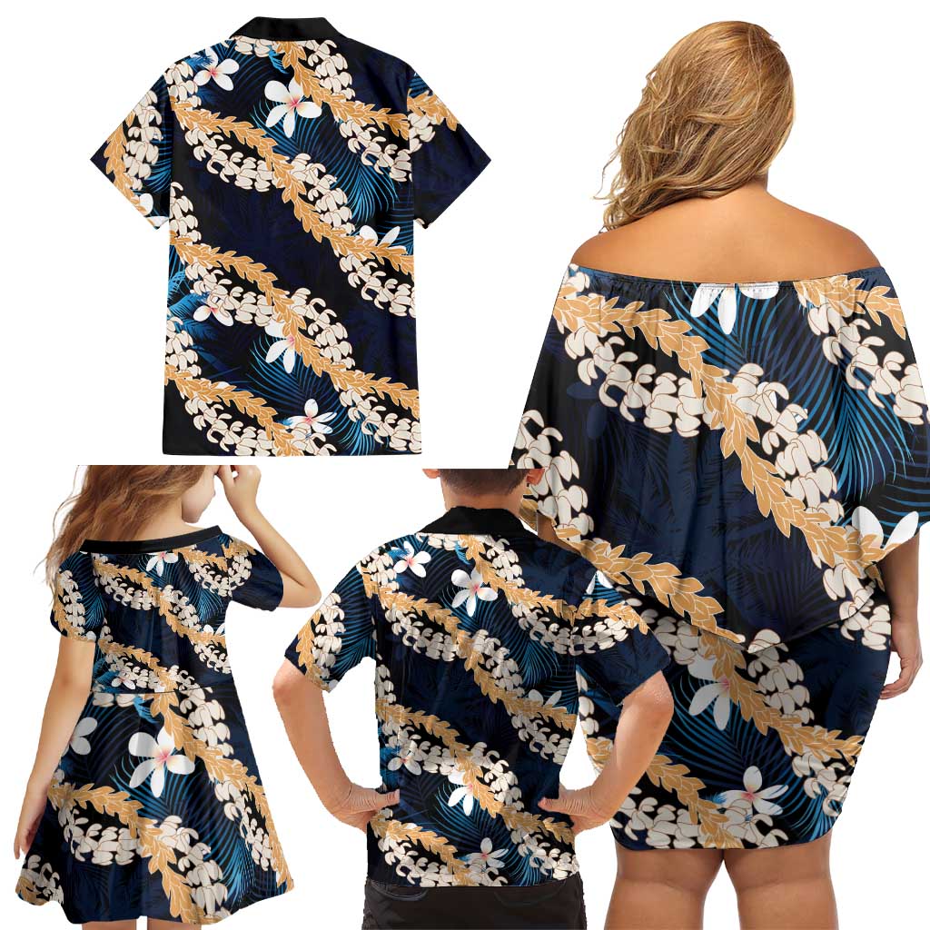 Puakenikeni Maile Lei Family Matching Off Shoulder Short Dress and Hawaiian Shirt Frangipani Blue Tropical Leaves LT01 - Polynesian Pride