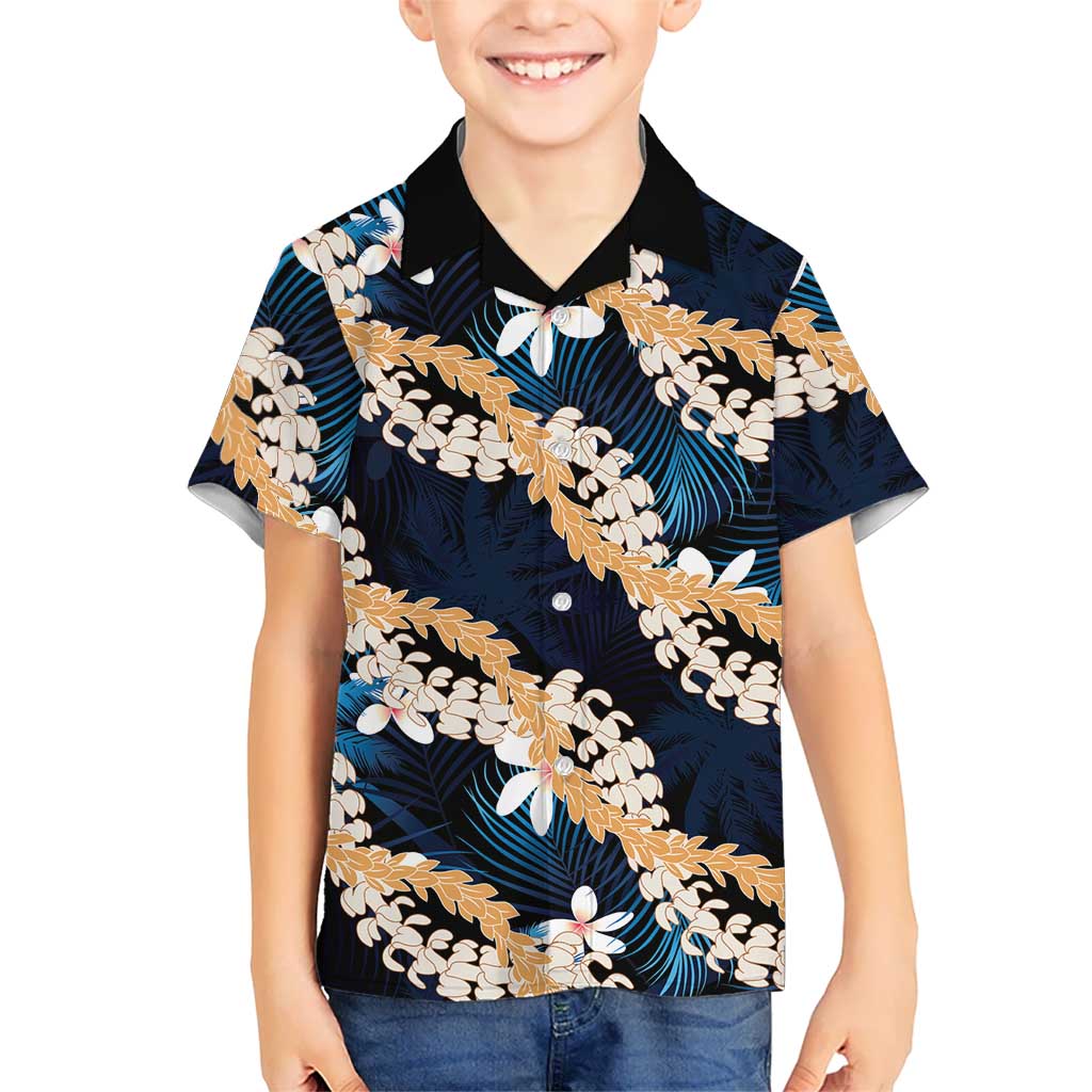 Puakenikeni Maile Lei Family Matching Off Shoulder Short Dress and Hawaiian Shirt Frangipani Blue Tropical Leaves LT01 Son's Shirt Blue - Polynesian Pride