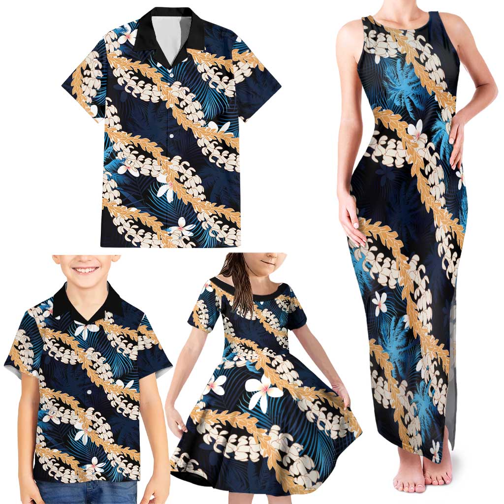 Puakenikeni Maile Lei Family Matching Tank Maxi Dress and Hawaiian Shirt Frangipani Blue Tropical Leaves