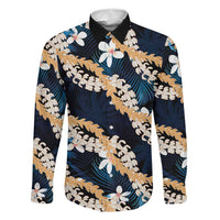 Puakenikeni Maile Lei Family Matching Tank Maxi Dress and Hawaiian Shirt Frangipani Blue Tropical Leaves LT01 Dad's Shirt - Long Sleeve Blue - Polynesian Pride