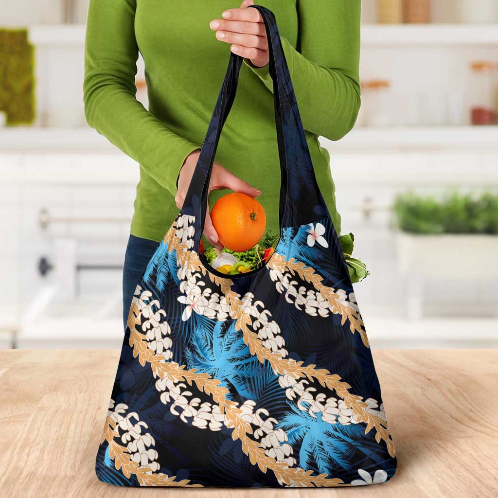 Puakenikeni Maile Lei Grocery Bag Frangipani Blue Tropical Leaves