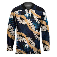Puakenikeni Maile Lei Hockey Jersey Frangipani Blue Tropical Leaves