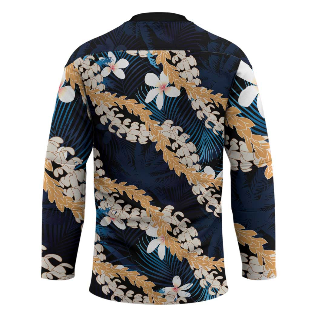 Puakenikeni Maile Lei Hockey Jersey Frangipani Blue Tropical Leaves