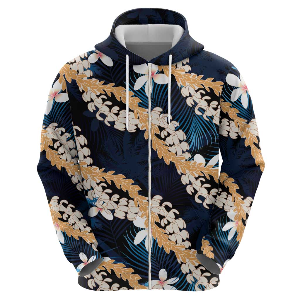 Puakenikeni Maile Lei Hoodie Frangipani Blue Tropical Leaves