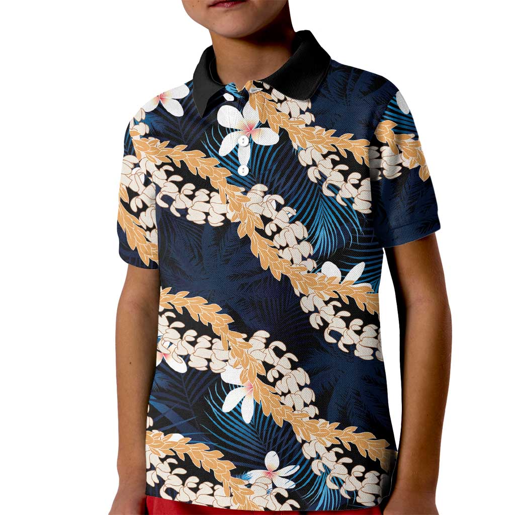 Puakenikeni Maile Lei Kid Polo Shirt Frangipani Blue Tropical Leaves