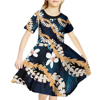 Puakenikeni Maile Lei Kid Short Sleeve Dress Frangipani Blue Tropical Leaves
