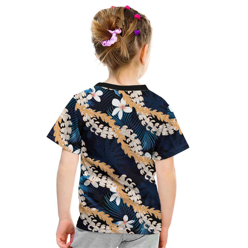 Puakenikeni Maile Lei Kid T Shirt Frangipani Blue Tropical Leaves