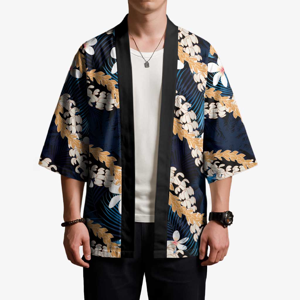 Puakenikeni Maile Lei Kimono Frangipani Blue Tropical Leaves