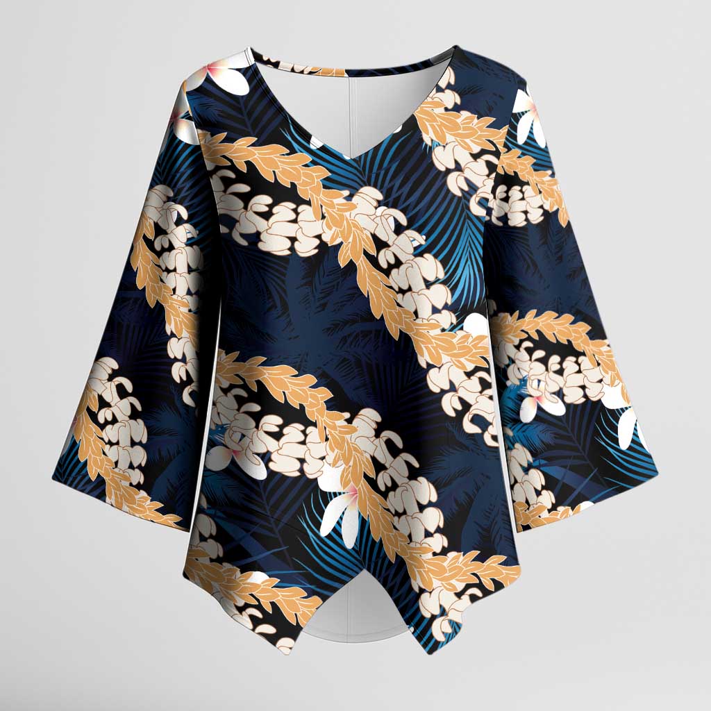 Puakenikeni Maile Lei Kimono Sleeve Blouse Frangipani Blue Tropical Leaves