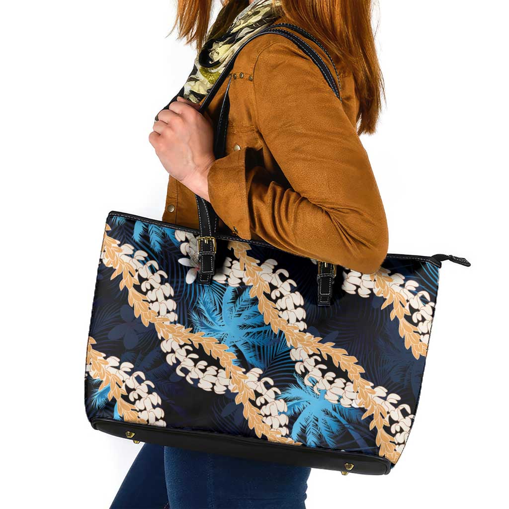 Puakenikeni Maile Lei Leather Tote Bag Frangipani Blue Tropical Leaves