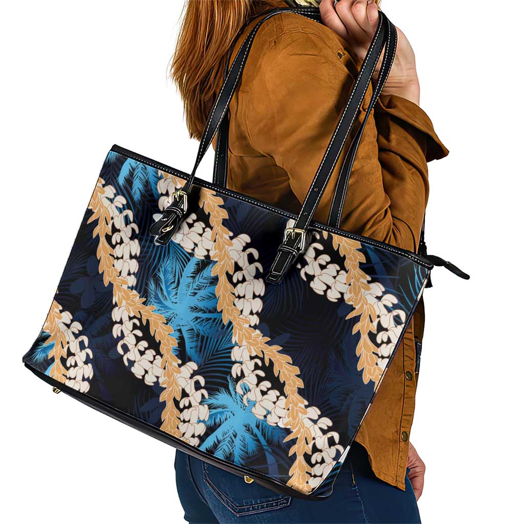 Puakenikeni Maile Lei Leather Tote Bag Frangipani Blue Tropical Leaves