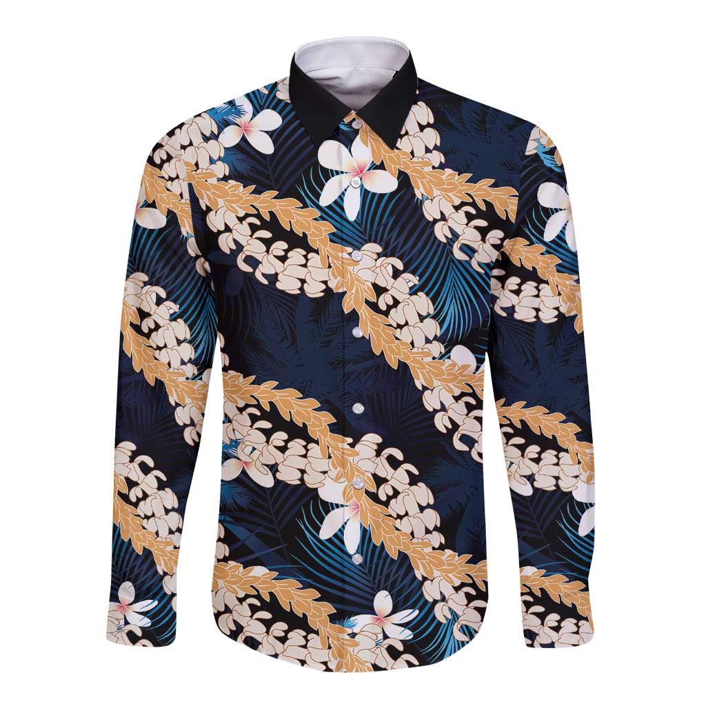 Puakenikeni Maile Lei Long Sleeve Button Shirt Frangipani Blue Tropical Leaves