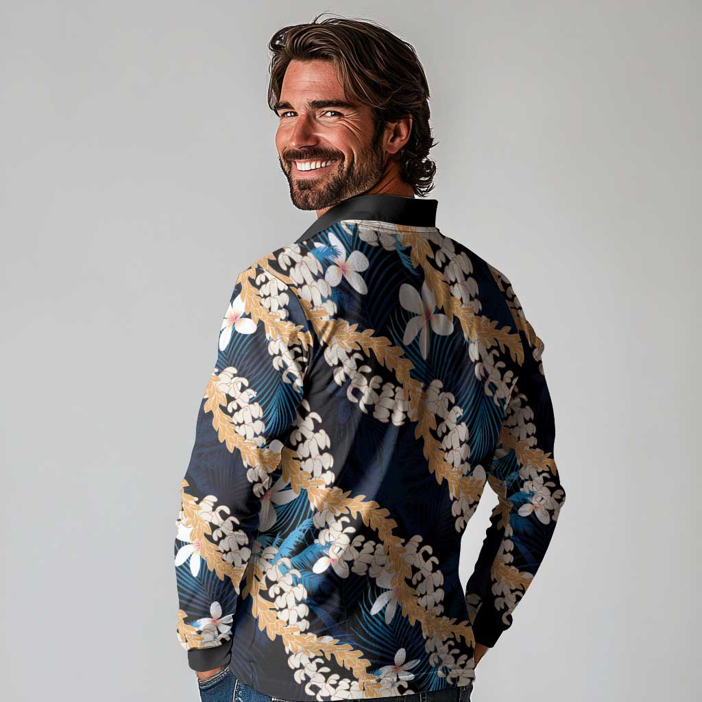 Puakenikeni Maile Lei Long Sleeve Polo Shirt Frangipani Blue Tropical Leaves