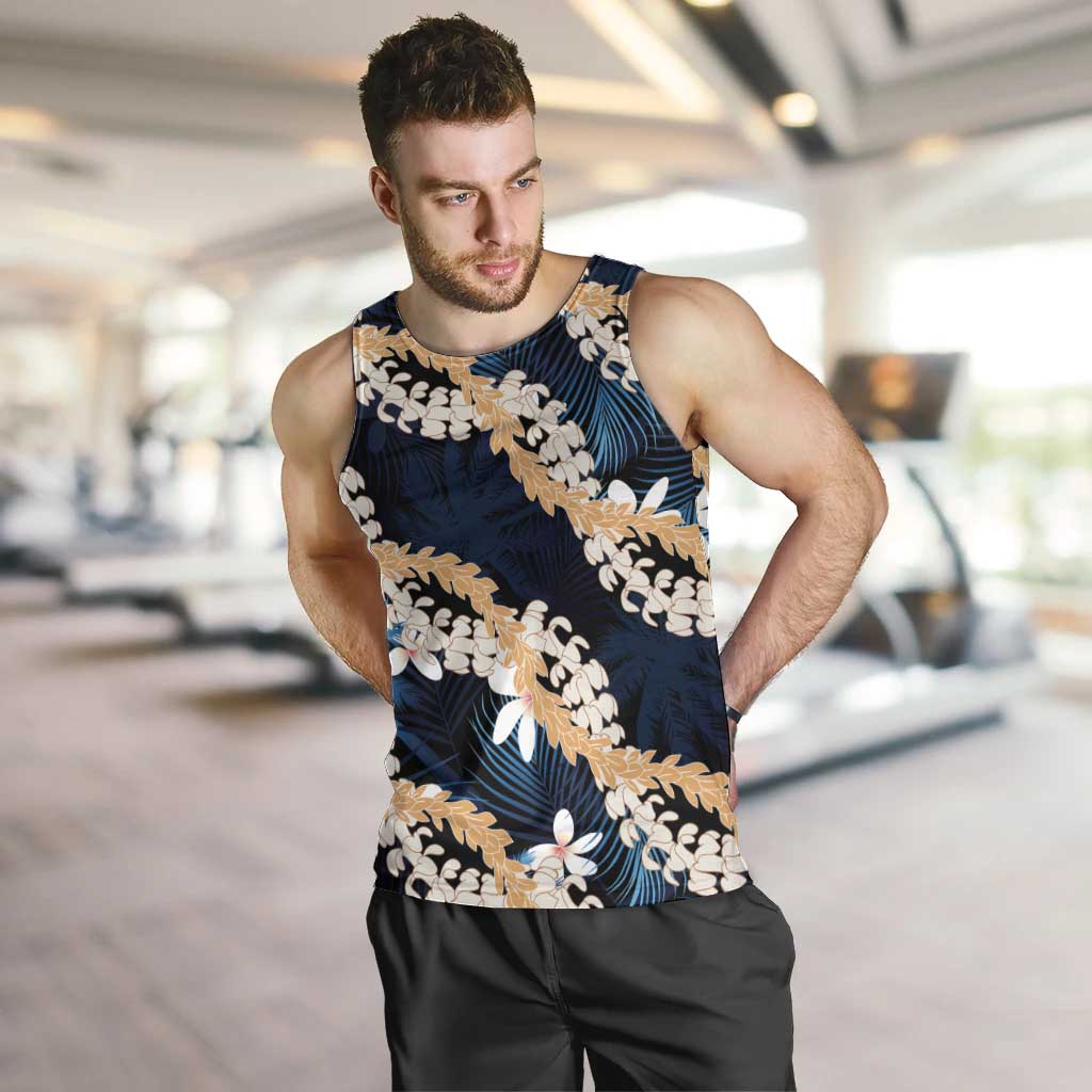 Puakenikeni Maile Lei Men Tank Top Frangipani Blue Tropical Leaves
