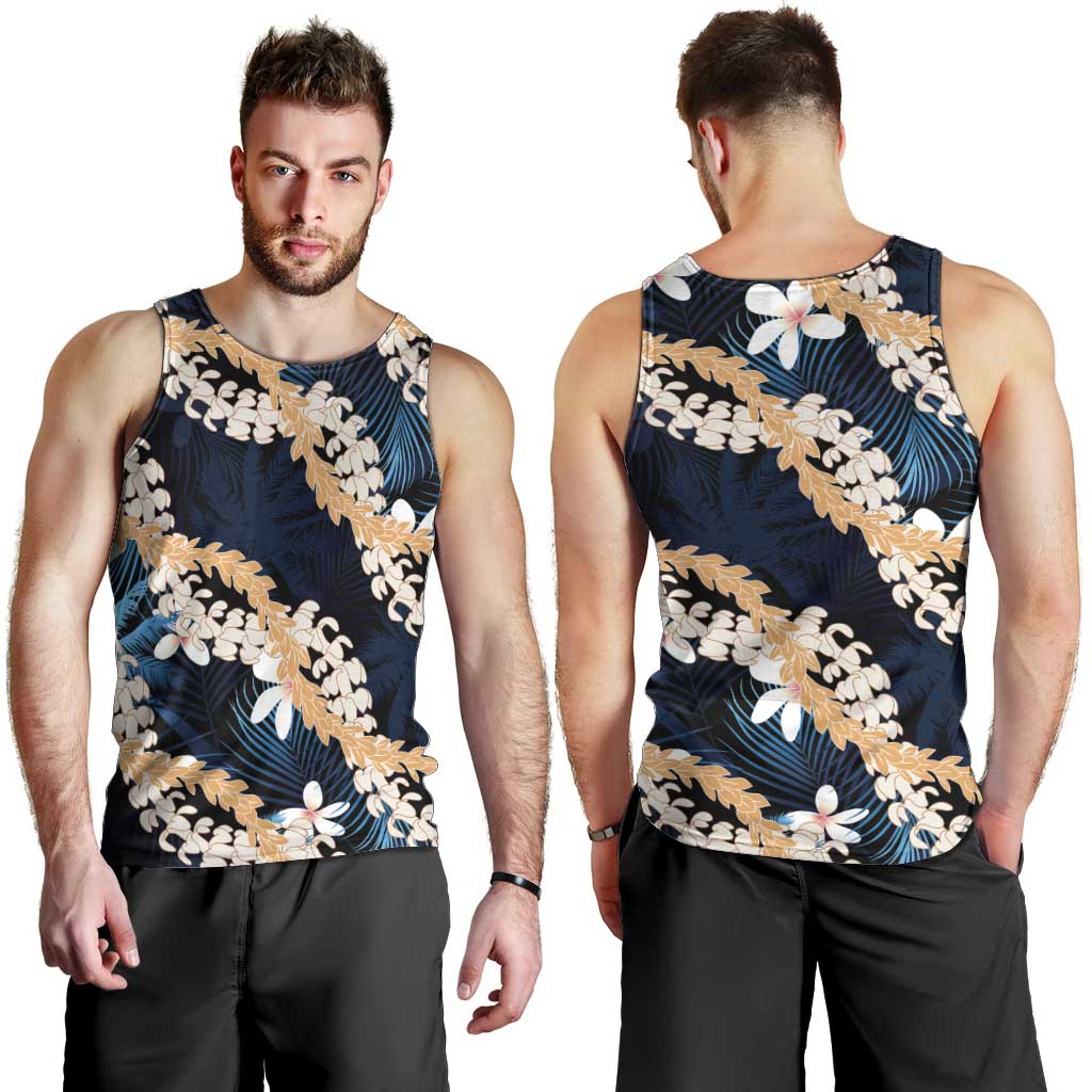 Puakenikeni Maile Lei Men Tank Top Frangipani Blue Tropical Leaves