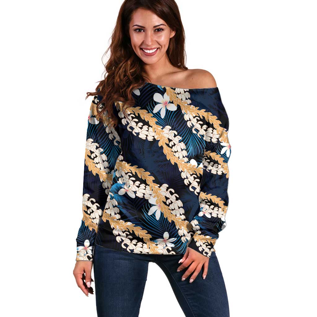 Puakenikeni Maile Lei Off Shoulder Sweater Frangipani Blue Tropical Leaves
