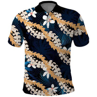 Puakenikeni Maile Lei Polo Shirt Frangipani Blue Tropical Leaves