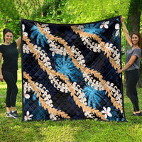 Puakenikeni Maile Lei Quilt Frangipani Blue Tropical Leaves
