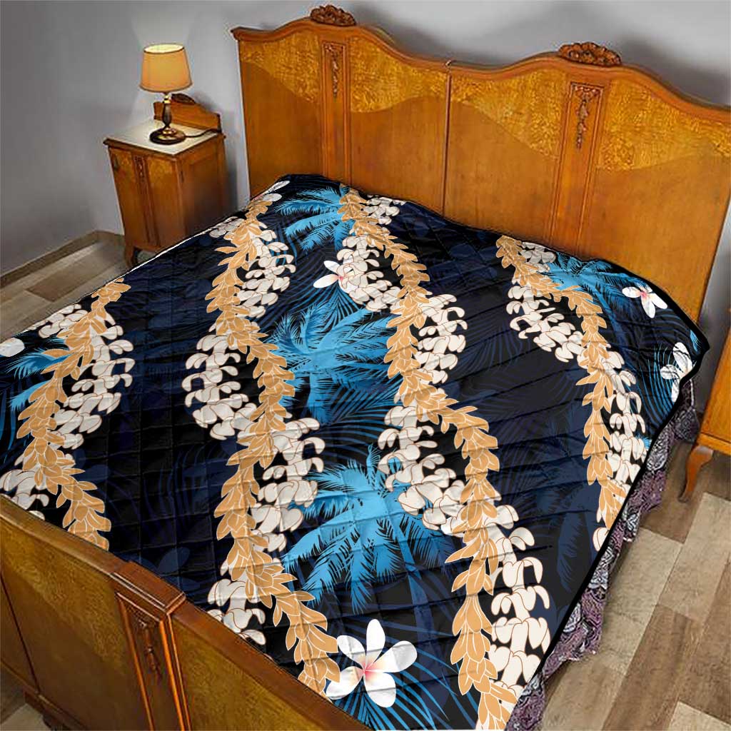 Puakenikeni Maile Lei Quilt Frangipani Blue Tropical Leaves