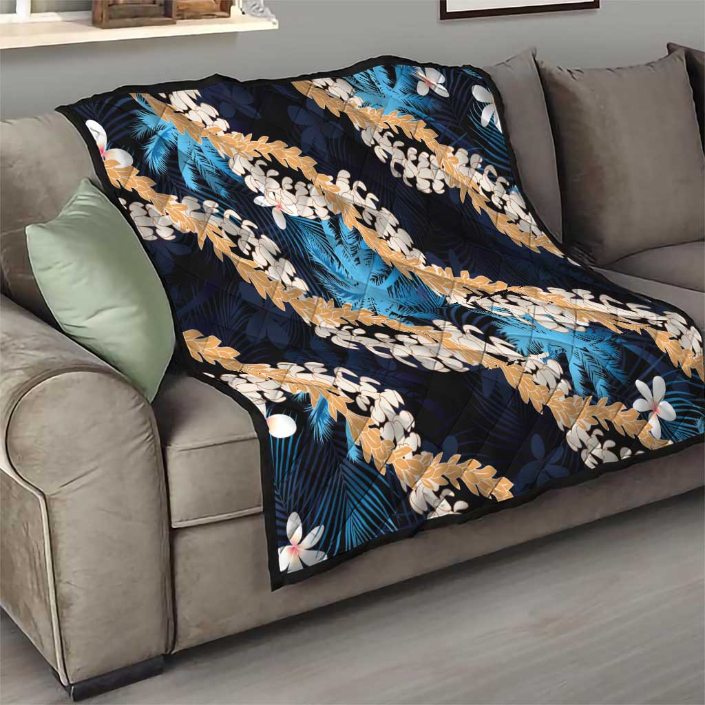 Puakenikeni Maile Lei Quilt Frangipani Blue Tropical Leaves