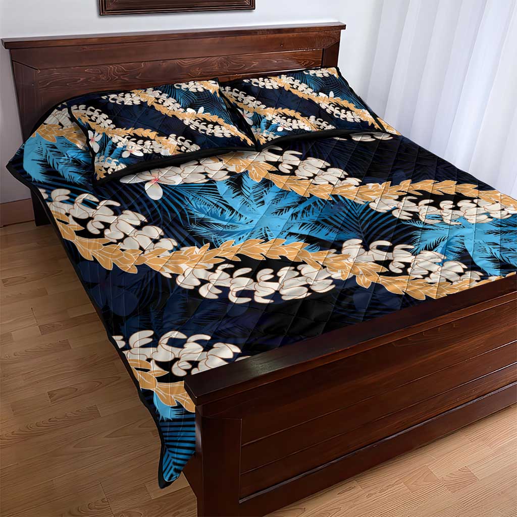 Puakenikeni Maile Lei Quilt Bed Set Frangipani Blue Tropical Leaves