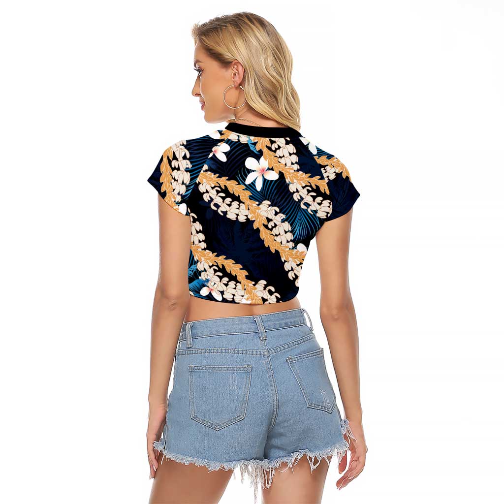 Puakenikeni Maile Lei Raglan Cropped T Shirt Frangipani Blue Tropical Leaves