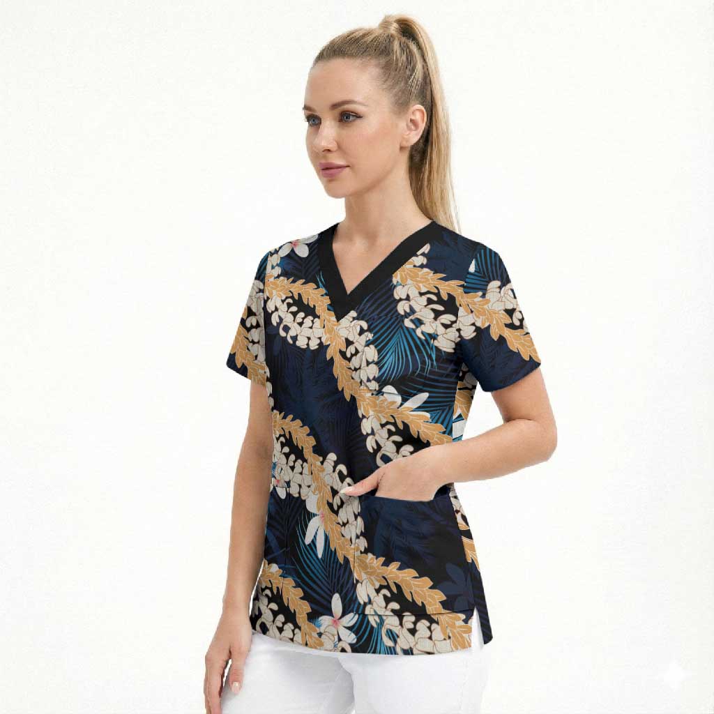 Puakenikeni Maile Lei Scrub Top Frangipani Blue Tropical Leaves