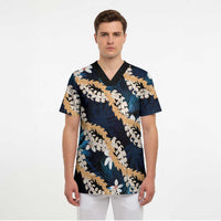 Puakenikeni Maile Lei Scrub Top Frangipani Blue Tropical Leaves