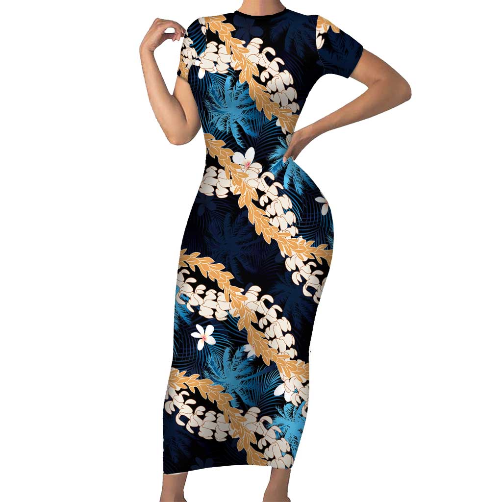 Puakenikeni Maile Lei Short Sleeve Bodycon Dress Frangipani Blue Tropical Leaves