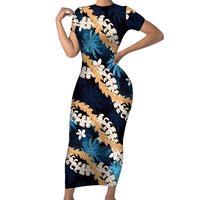 Puakenikeni Maile Lei Short Sleeve Bodycon Dress Frangipani Blue Tropical Leaves