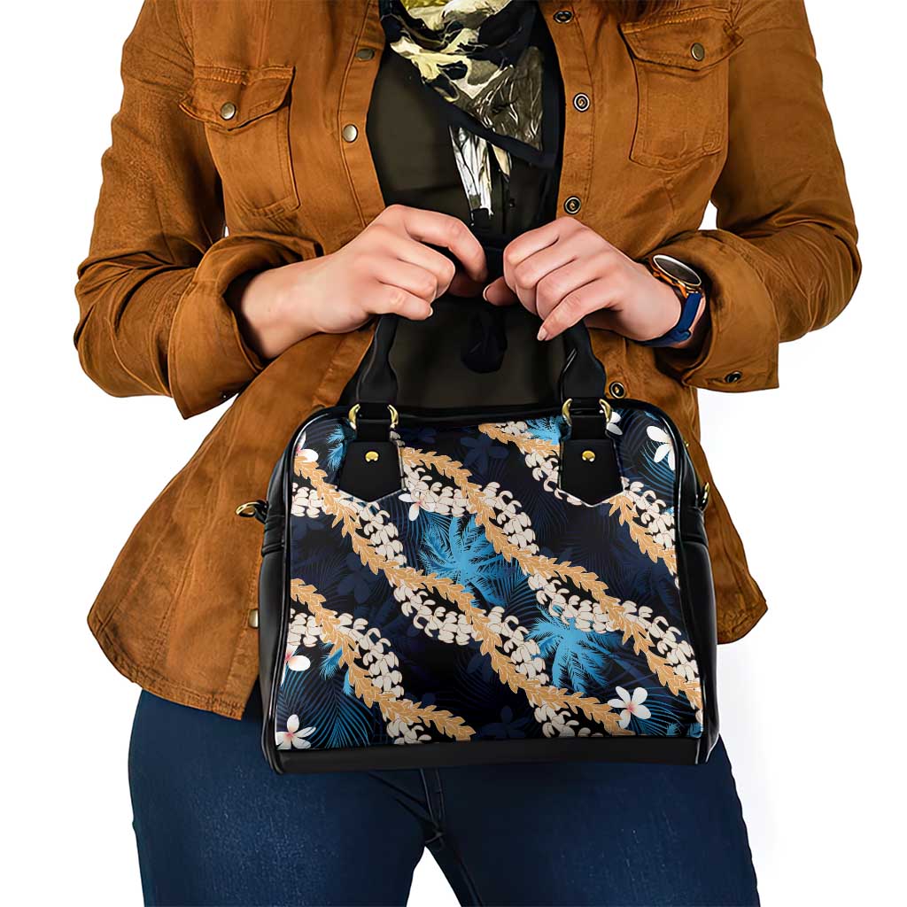 Puakenikeni Maile Lei Shoulder Handbag Frangipani Blue Tropical Leaves