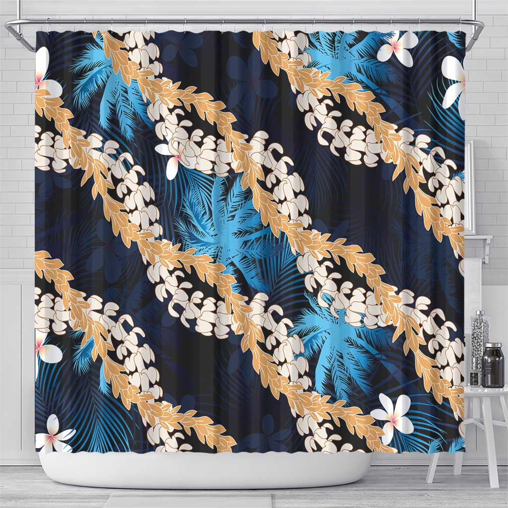 Puakenikeni Maile Lei Shower Curtain Frangipani Blue Tropical Leaves