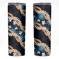 Puakenikeni Maile Lei Skinny Tumbler Frangipani Blue Tropical Leaves