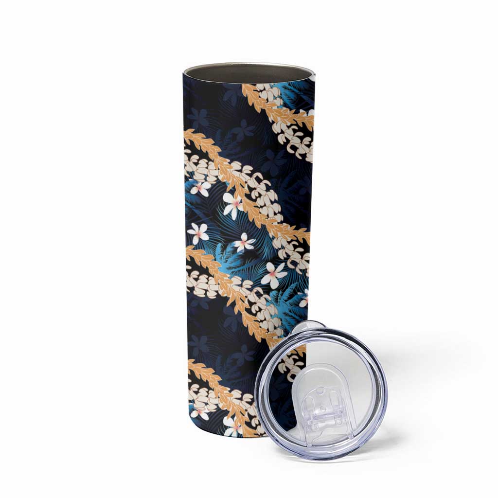 Puakenikeni Maile Lei Skinny Tumbler Frangipani Blue Tropical Leaves