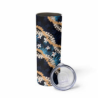 Puakenikeni Maile Lei Skinny Tumbler Frangipani Blue Tropical Leaves