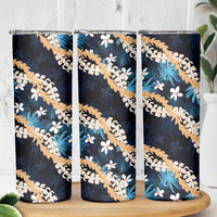 Puakenikeni Maile Lei Skinny Tumbler Frangipani Blue Tropical Leaves