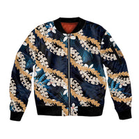 Puakenikeni Maile Lei Sleeve Zip Bomber Jacket Frangipani Blue Tropical Leaves