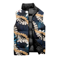 Puakenikeni Maile Lei Sleeveless Puffer Jacket Frangipani Blue Tropical Leaves