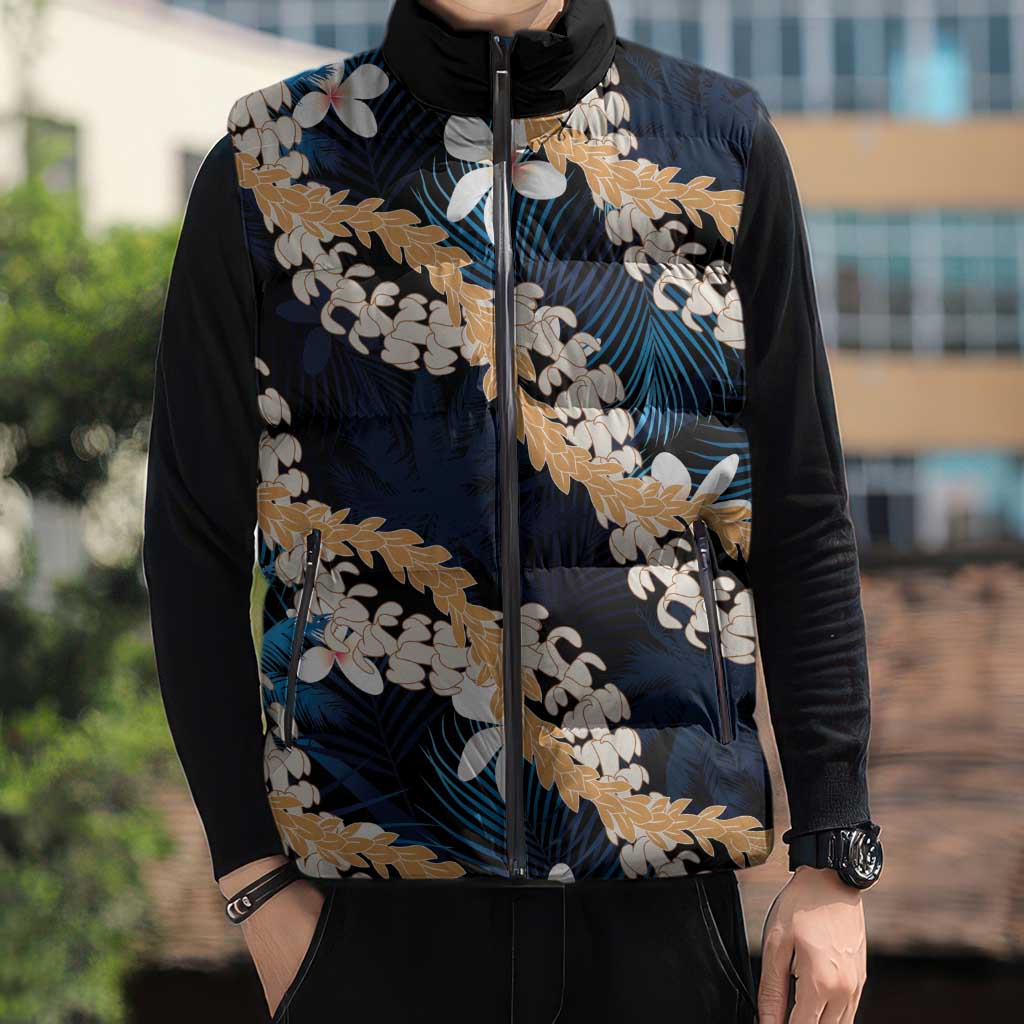 Puakenikeni Maile Lei Sleeveless Puffer Jacket Frangipani Blue Tropical Leaves