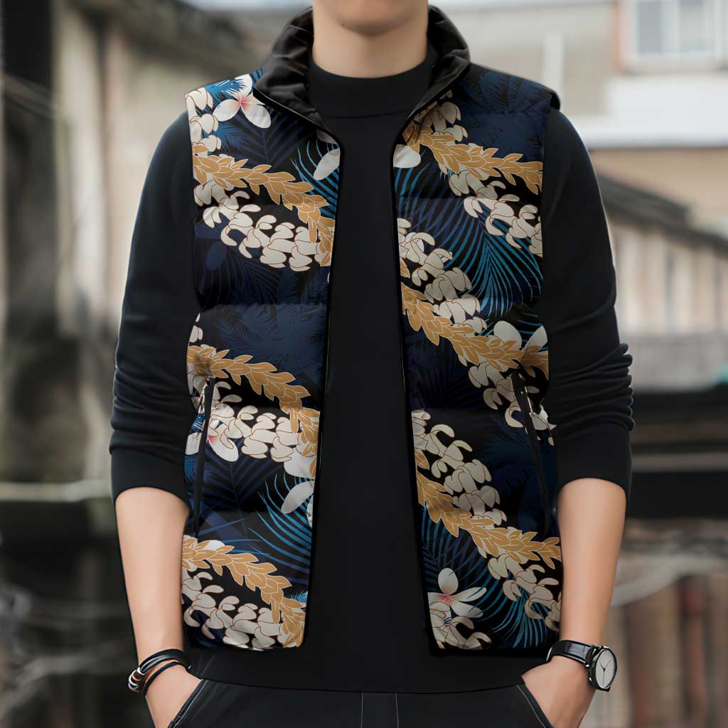 Puakenikeni Maile Lei Sleeveless Puffer Jacket Frangipani Blue Tropical Leaves