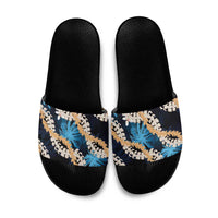 Puakenikeni Maile Lei Slide Sandals Frangipani Blue Tropical Leaves