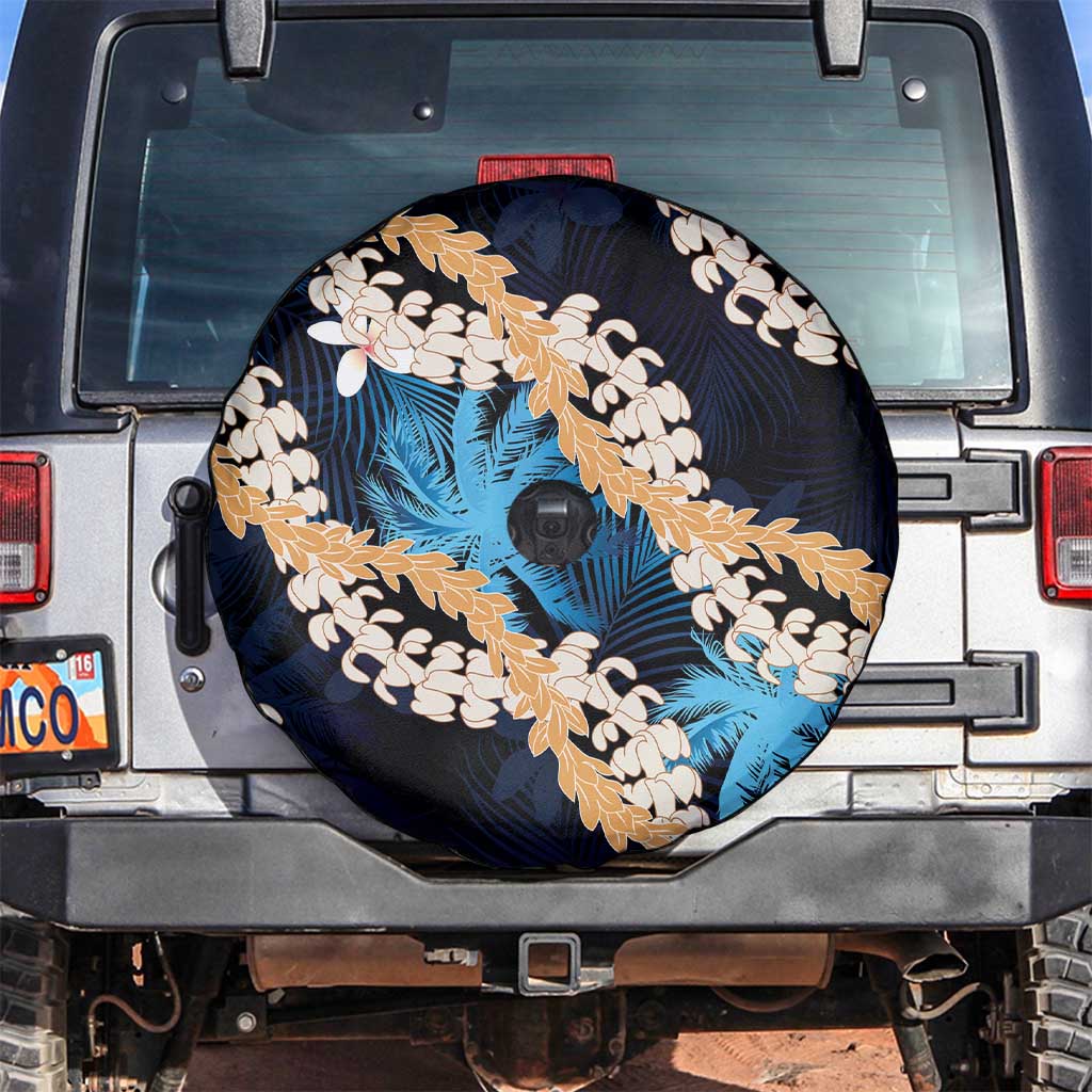 Puakenikeni Maile Lei Spare Tire Cover Frangipani Blue Tropical Leaves